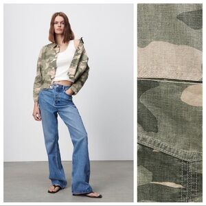 NWT. Zara Green Camouflage Linen Blend Cropped Jacket. Size S, M.